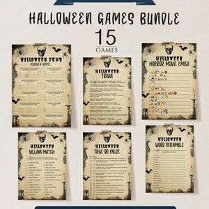 May include: A Halloween games bundle featuring 15 games, including trivia, word scramble, and emoji puzzles. The design includes a skull, bats, and spiderwebs on aged paper. Text includes "Halloween Feud", "Villain Match", and "True or False".