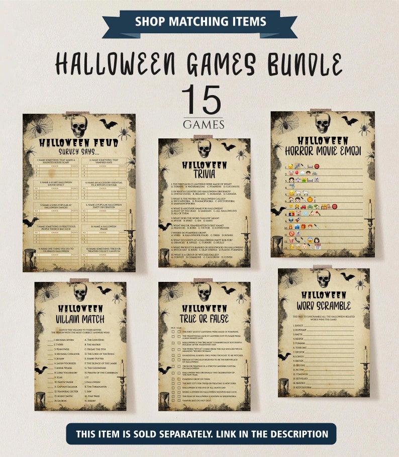 May include: A Halloween games bundle featuring 15 games, including trivia, word scramble, and emoji puzzles. The design includes a skull, bats, and spiderwebs on aged paper. Text includes "Halloween Feud", "Villain Match", and "True or False".