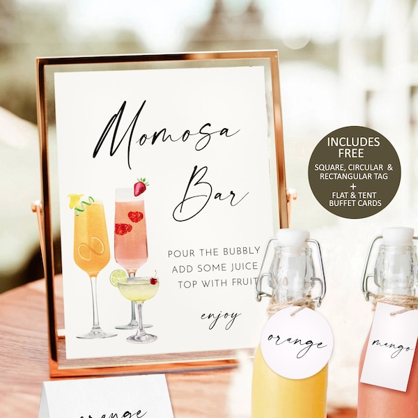 Minimalist Momosa Bar Sign, Modern Mimosa Bar Sign and Tags, baby shower Mimosa Bar Sign Instant Download Editable Baby Bridal Shower