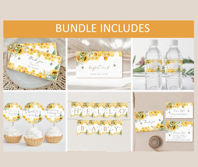 Honey Bee Baby Shower Bundle, Bee Baby Shower Invitation Bundle, Sunflower Bee Shower Invite Set,Sunflower Bee Hive Baby Shower Sign & Decor bild 3