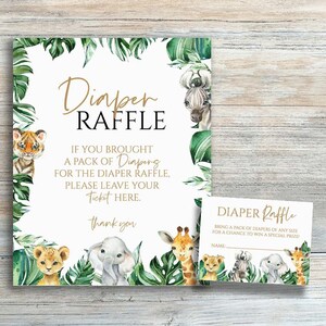 Safari Jungle Baby Shower Juegos Boleto para rifa de pañales Signo de rifa de pañales Signo de tarjetas de rifa de pañales de animales de Safari Signo de inserción de pañales Safari, yv766