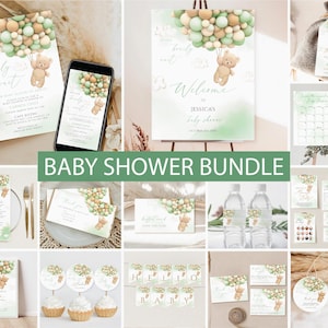 Editable Green teddy Bear Balloon Baby Shower Invitation Bundle,We Can Bearly Wait Baby Shower Invite,Sage Green Boho Bear Baby Shower games