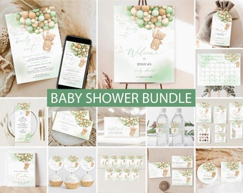 Editable Green Teddy Bear Baby Shower Invitation Bundle (Digital)
