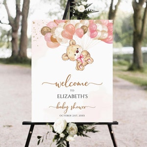Editable Pink Teddy Bear Baby Shower Welcome Sign, Bear Themed Baby Shower Welcome Sign, Printable Baby Shower Welcome Sign, Yard sign
