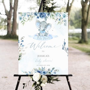 Signo de bienvenida del baby shower del elefante, cartel de bienvenida del baby shower del elefante floral azul, baby shower del elefante floral, elefante azul, niño