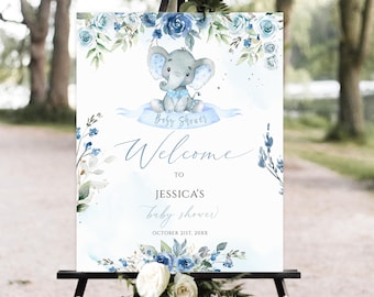 Blue Floral Elephant Baby Shower Welcome Sign (Editable Template)