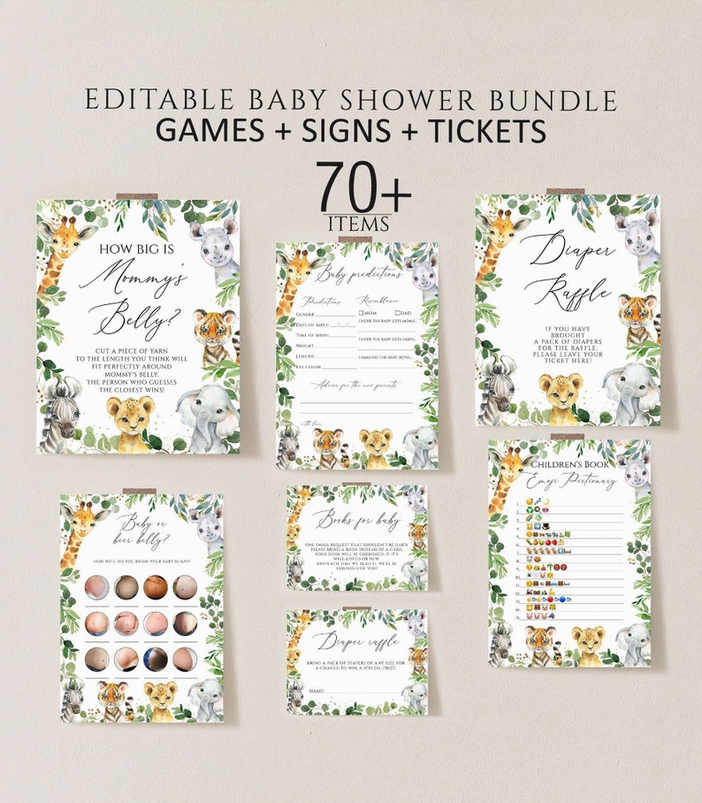 Op de afbeelding: Bewerkbare baby shower spel- en bordensets met een jungledieren thema. De set bevat spellen zoals "Hoe groot is mama's buik?" en "Babyvoorspellingen", evenals borden voor een luierspel en een kinderboeken raadspel.