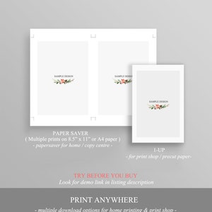 May include: Printable paper saver design with a floral illustration. The design is shown in two different layouts, one for home printing and one for print shops. The text "SAMPLE DESIGN" is included in the image.