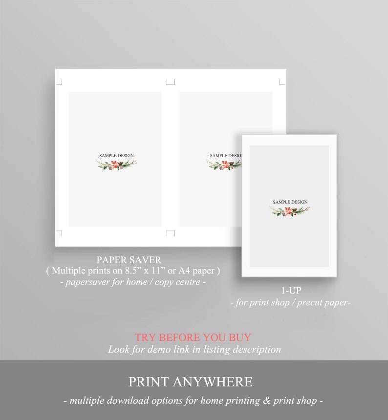 May include: Printable paper saver design with a floral illustration. The design is shown in two different layouts, one for home printing and one for print shops. The text "SAMPLE DESIGN" is included in the image.