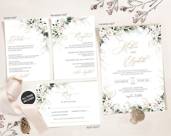 Geometric Wedding Invitation Template, White Rose Faux Gold Wedding Invite Template, Wedding Invitation Download, Invite Suite Kit, yv445