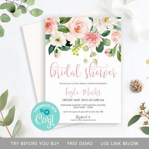 May include: A pink and white floral bridal shower invitation with the text "Bridal Shower" in pink script. The invitation includes the bride's name, "Layla Marks", the date and time of the shower, the location, and RSVP information. The invitation also includes the text "Personalized with Coril" in a teal circle with a gear icon.