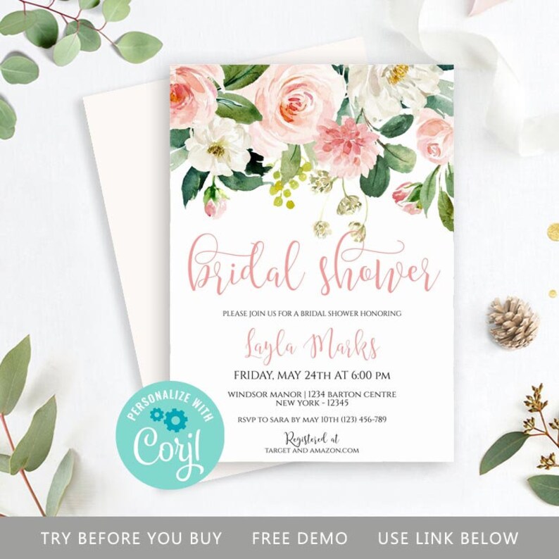 May include: A pink and white floral bridal shower invitation with the text "Bridal Shower" in pink script. The invitation includes the bride's name, "Layla Marks", the date and time of the shower, the location, and RSVP information. The invitation also includes the text "Personalized with Coril" in a teal circle with a gear icon.