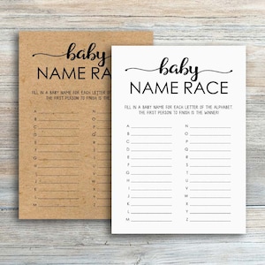 Jeu de course de noms de bébé, jeux de baby shower imprimables, jeu d’alphabet, jeu de noms de bébé A-Z, jeu de noms de bébé, jeu de noms ABC, jeu de baby shower rustique