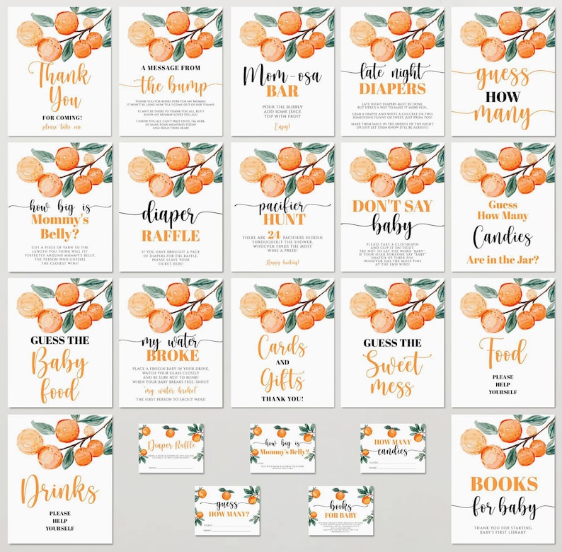 May include: A collection of baby shower game signs with orange and green watercolor illustrations. The signs feature phrases like "Thank You," "Mom-osa Bar," and "Guess How Many Candies." The signs are on a white background.