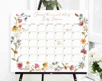 May include: A printable baby shower game sign with a floral border. The sign says "Guess the arrival date of Baby Jessica" and has a calendar with March and April dates.