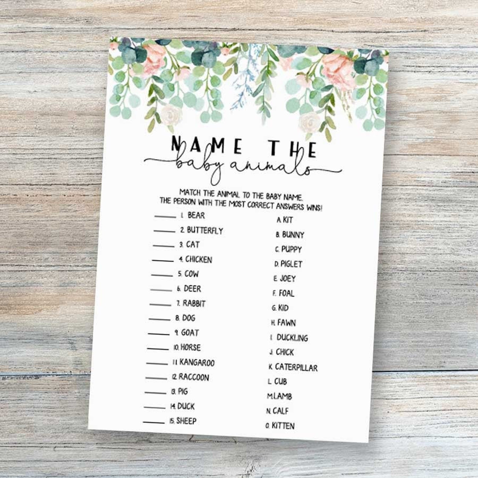 Greenery Baby Shower Games Name The Baby Animals Game Lush | Etsy
