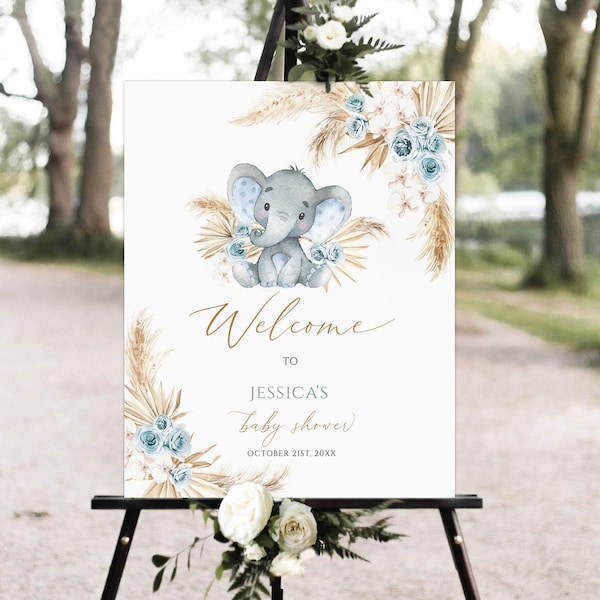 Editable Elephant Baby Shower Welcome Sign, blue Pampas grass Baby Shower Welcome Sign, boho blue elephant welcome sign,boy baby shower sign