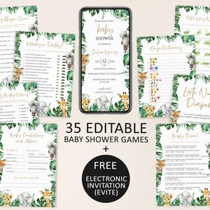 Safari Baby Shower Games Bundle, Jungle Animals (Editable Evite)