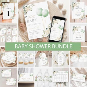 Sage Green balloon Baby Shower Invitation Bundle, Baby Shower games, Sage Balloons Gender Neutral Invite, Greenery Floral Welcome Sign