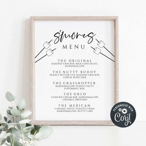 S'mores Menu Sign, Smore Bar Sign, S'more Station, Outdoor Party, Rustic Wedding, Wedding Smores Sign, Printable Smores Sign, Favor, yv345