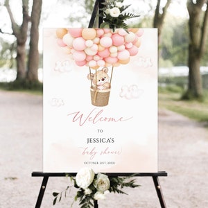 Editable Teddy Bear Baby Shower Welcome Sign, pink balloon Baby Shower Welcome Sign, Printable Baby Shower Sign,pink teddy bear welcome sign