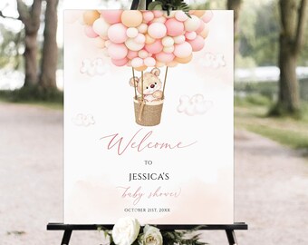 Editable Teddy Bear Baby Shower Welcome Sign, pink balloon Baby Shower Welcome Sign, Printable Baby Shower Sign,pink teddy bear welcome sign