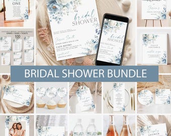 Blue Floral Bridal Shower Invitation Bundle, Editable Games (Digital Download)