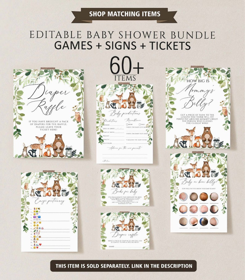 May include: Printable baby shower game cards with a woodland theme. The cards feature a brown bear, a deer, a fox, and a raccoon. The text on the cards includes "Diaper Raffle", "How Big is Mommy's Belly?", "Baby Predictions", "Books for Baby", "Baby on Bear Belly", and "Emoji Pictionary".