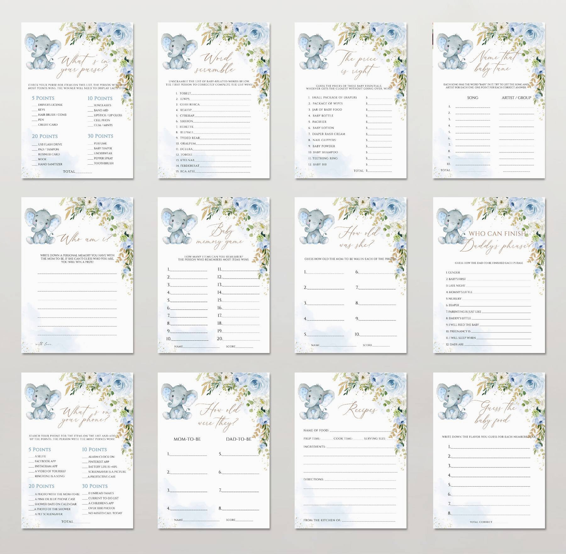 Editable Baby Shower Games Bundle Blue Elephant Instant - Etsy