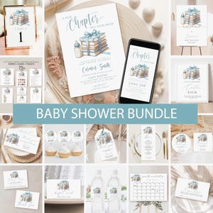 May include: A collection of baby shower stationery items with a soft blue and beige color scheme. The designs include invitations, signs, thank you cards, and water bottle labels, all featuring illustrations of books and a baby bottle.