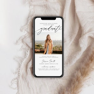 May include: A smartphone screen displaying a graduation party invitation for Jossien Smith. The invitation features a photo of the graduate, the date and time of the party, and the location. The text on the invitation reads "Signature High School, Class of 20XX, graduate, Please join us for a graduation party honoring Jossien Smith, Sunday, March 4th at 2 PM, willing residence, 1234 Happy Way, Los Angeles, CA, RSVP at 123-456-7890."