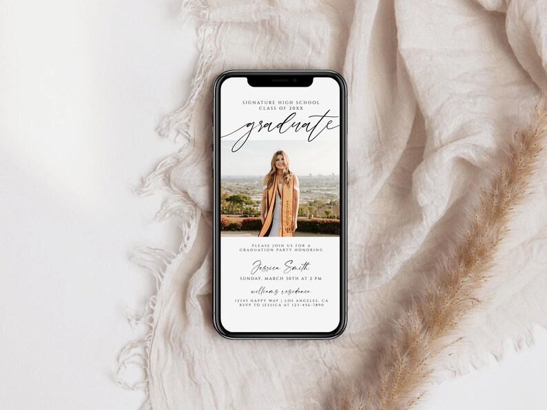 May include: A smartphone screen displaying a graduation party invitation for Jossien Smith. The invitation features a photo of the graduate, the date and time of the party, and the location. The text on the invitation reads "Signature High School, Class of 20XX, graduate, Please join us for a graduation party honoring Jossien Smith, Sunday, March 4th at 2 PM, willing residence, 1234 Happy Way, Los Angeles, CA, RSVP at 123-456-7890."