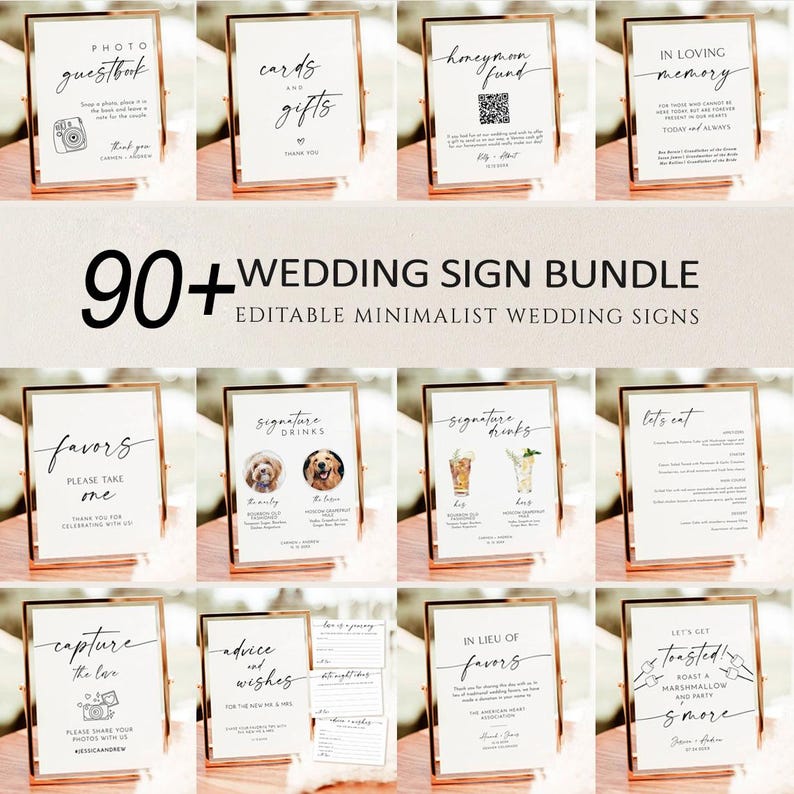 Pode incluir: Um conjunto de 10 sinais de casamento imprim&iacute;veis com molduras douradas. Os sinais apresentam designs minimalistas com texto em caligrafia preta e ilustra&ccedil;&otilde;es. Os sinais incluem t&iacute;tulos como "Photo Guestbook", "Cards and Gifts", "Honeymoon Fund", "In Loving Memory", "Favors", "Signature Drinks", "Let's Eat", "Capture the Love", "Advice and Wishes" e "In Lieu of Favors".