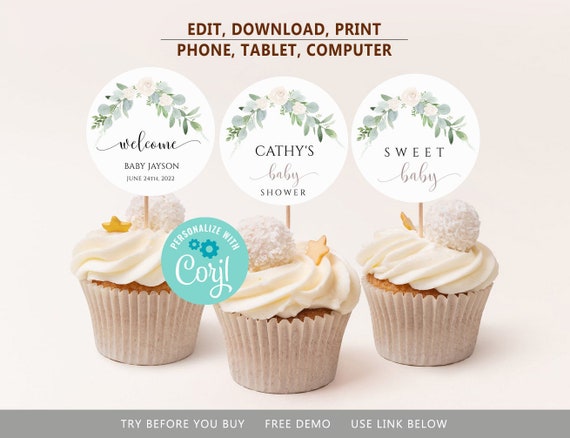 Greenery Baby Shower Cupcake Toppers Printable Cupcake Topper | Etsy