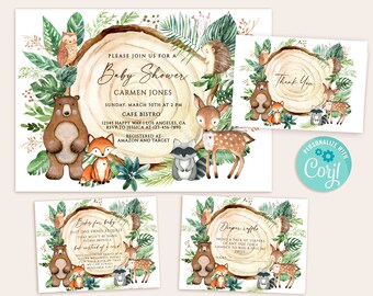 Greenery Woodland Baby Shower Invitation Set, Woodland baby shower invitation template, Forest Animals invitations, printable invitation