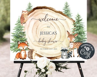 Greenery Woodland Baby Shower Welcome Sign, Rustic Animals (Editable Template)