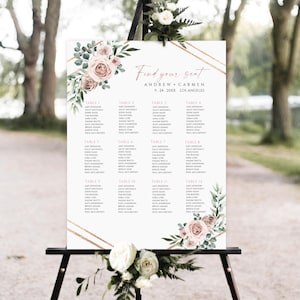 Bruiloft zitplaatsen grafiek sjabloon, Dusky Pink Floral, afdrukbare zitplaatsen Plan teken, bloemen bruiloft zitplaatsen grafiek, bruiloft zitplaatsen grafiek downloaden