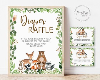 May include: A printable sign for a diaper raffle with a woodland theme. The sign features a brown bear, a deer, a fox, a raccoon, and a squirrel. The text on the sign reads "Diaper Raffle" and "If you have brought a pack of diapers for the raffle, please leave your ticket here!"