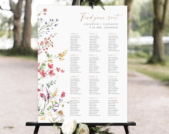May include: A floral wedding seating chart with a watercolour design. The chart lists the names of guests assigned to each table. The chart is titled "Find your seat" with the names Andrew and Carmen and the date 9.24.20XX and location Los Angeles.