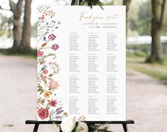 May include: A floral wedding seating chart with a white background and a gold border. The chart lists the names of guests assigned to each table number. The text at the top reads "Find your seat" and "Andrew + Carmen 9.24.20XX Los Angeles".
