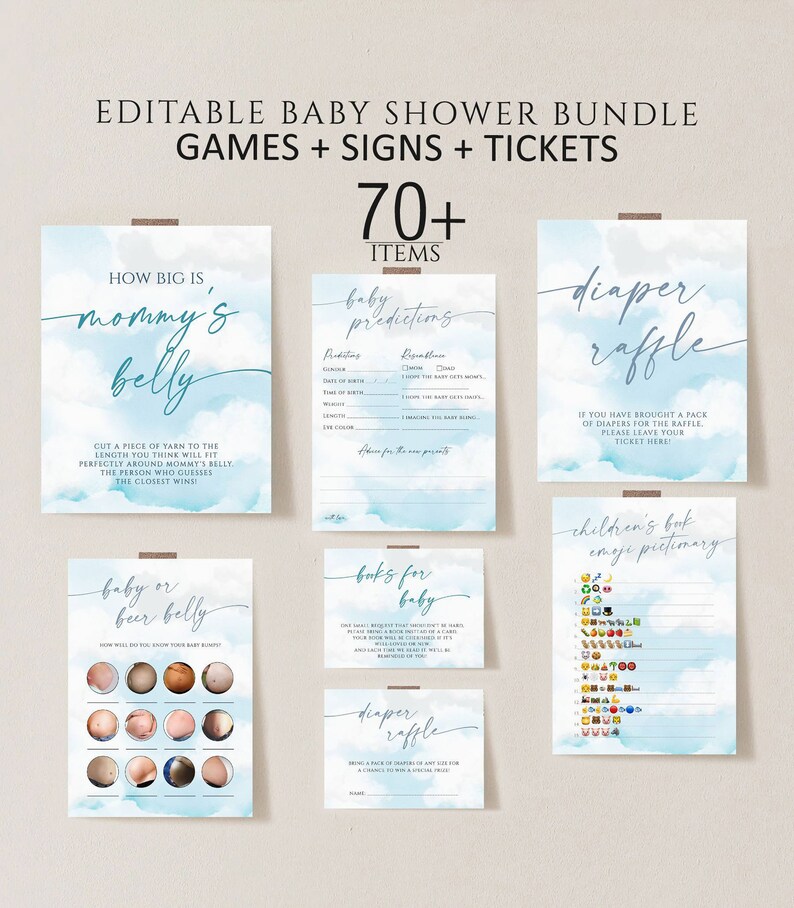 Pu&ograve; includere: Un set di carte da gioco per baby shower stampabili con uno sfondo acquerellato blu e bianco. Le carte presentano giochi come "How Big Is Mommy's Belly", "Baby or Beer Belly", "Baby Predictions", "Books for Baby", "Diaper Raffle" e "Children's Book Emoji Pictionary".