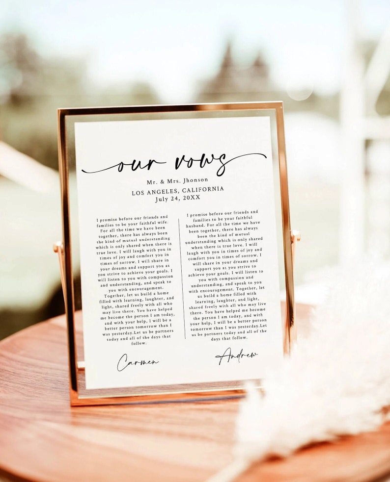 Wedding Vows, First Anniversary Gift Template, Wedding Vows Wall Art Printable, Instant Download, Editable wedding vows template download image 1