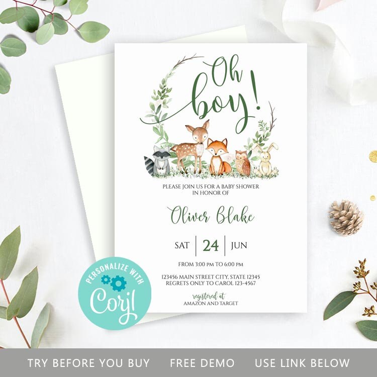 Woodland Baby Shower Invitation Set Digital Invitation Boy Etsy
