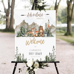 Cartello di benvenuto per baby shower con animali del bosco, L'avventura attende Cartello di benvenuto per baby shower, modello stampabile Cartello di benvenuto per la montagna della foresta