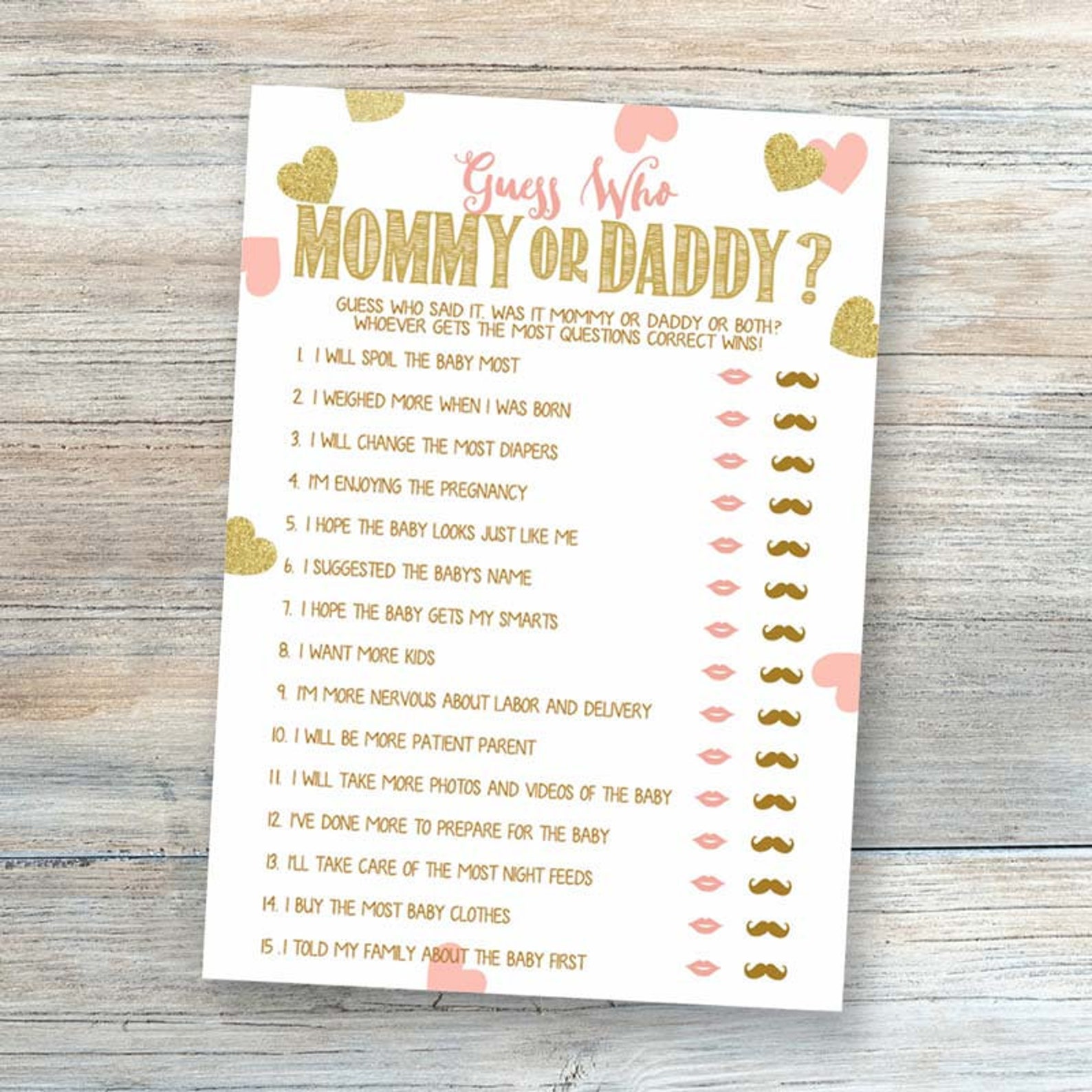 Mommy or Daddy Baby Shower Game Pink Gold Baby Shower Mom or Etsy