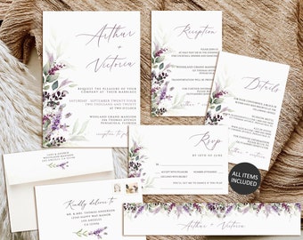Lavendel Hochzeitseinladungssatz, druckbare Hochzeitseinladungsvorlage, Lavendelhochzeitskarte, Lavendelhochzeitseinladungssatz herunterladen