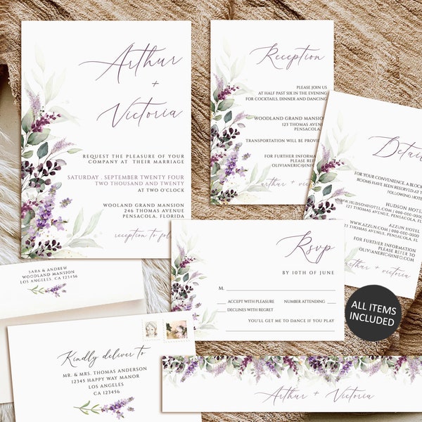 Lavender wedding invitation set, Printable wedding invitation template, Lavender wedding suite, Lavender Wedding invitation suite download