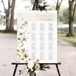 Modelo de plano de assentos para casamento, gráfico de assentos com flores silvestres para impressão, gráfico de assentos para casamento boho, plano de assentos para casamento com flores silvestres
