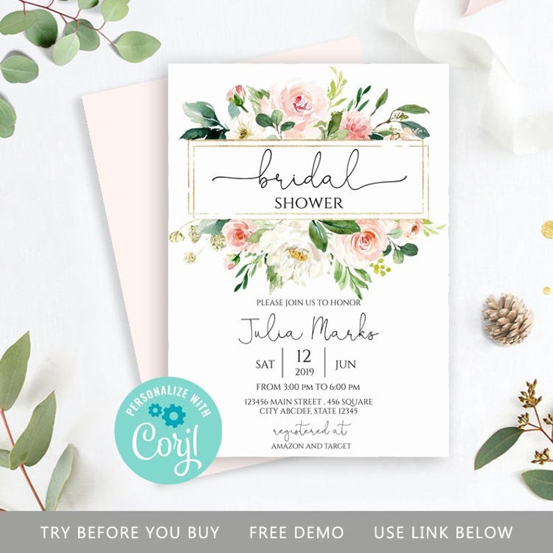 Blush Bridal Shower Invitation Template Bridal Shower Etsy