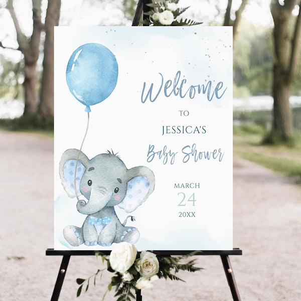 Elephant Baby Shower Welcome Sign, Blue Floral Elephant Baby Shower Welcome Poster, Floral Elephant Baby Shower,Blue Balloon Baby Shower,Boy